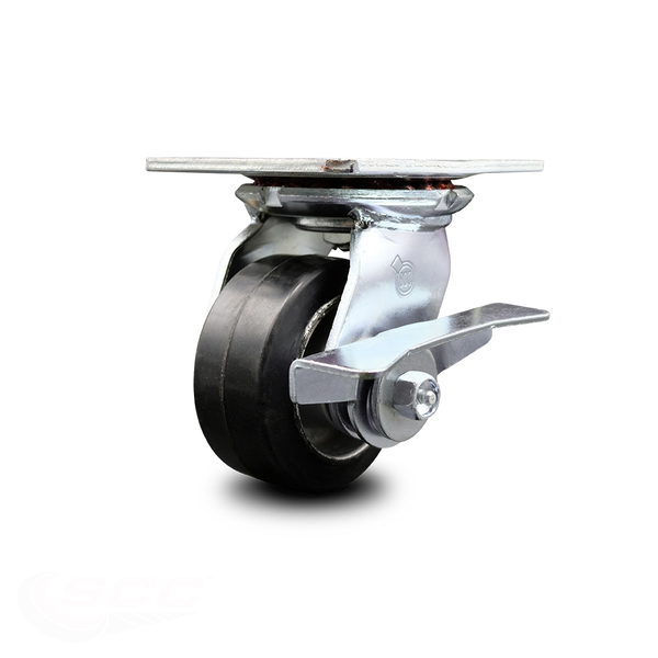 Service Caster 4 Inch Heavy Duty Rubber on Aluminum Caster with Ball Bearing and Brake SCC SCC-35S420-RAB-SLB